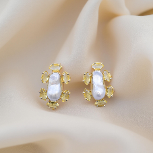 Fancy yellow stone studs trending fashion jewelry Freshwater Pearl earrings