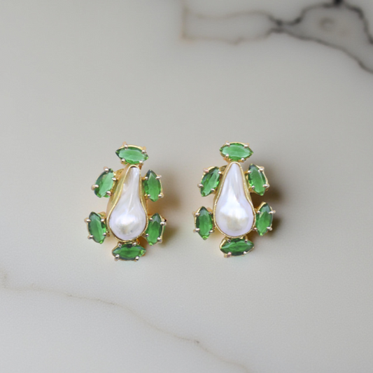 Chic natural Baroque Pearl with emerald stud earrings perfect for statement touch