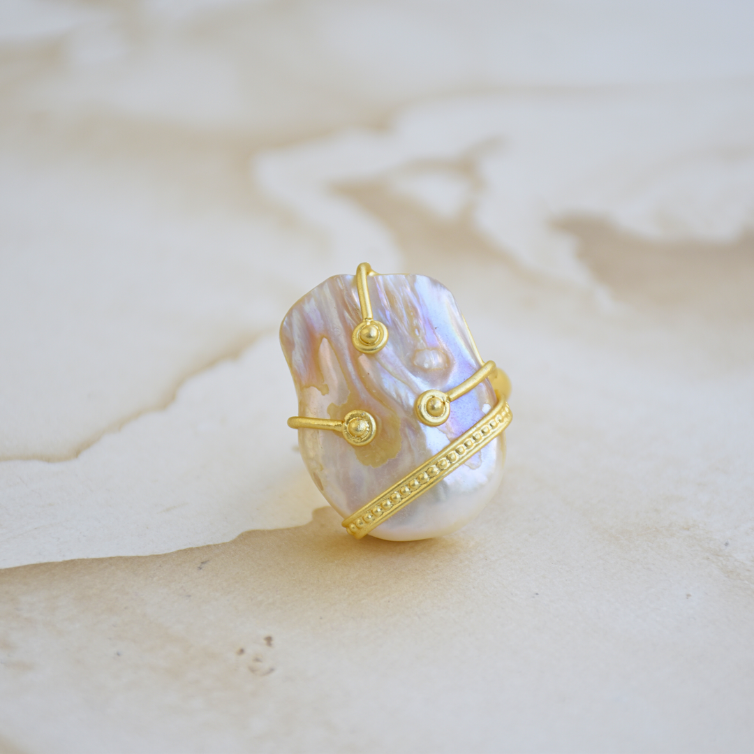 Modern brass fancy detailing natural pearl adjustable ring