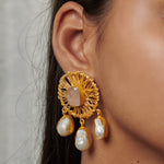 Load image into Gallery viewer, Modern Auricka Unique Dangling Pearl Gemstone Earring with Pearl, Rose Quartz and 18k gold plating