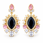 Load image into Gallery viewer, Black and pink crystal statement earrings with clear drops and white bead accents on white
