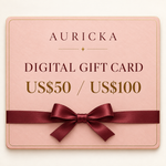 Load image into Gallery viewer, Auricka digital gift card in blush pink with a burgundy ribbon, available in US$50 and US$100