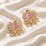 Load image into Gallery viewer, Pink crystal statement stud earrings with zirconia and white bead fringe arranged on ivory silk