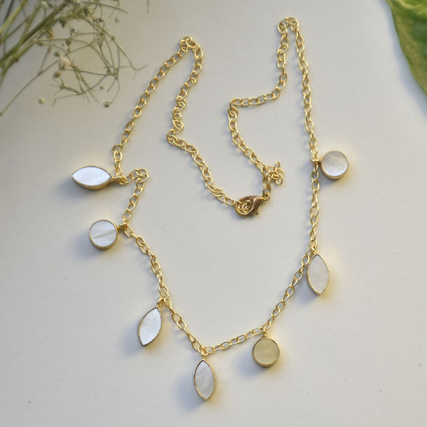 Luxe geometric abstract dangling charm minimal mother of pearl brass hypoallergenic antitarnish necklace chain