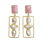 Load image into Gallery viewer, geometric abstract inspired trending gemstone rose quartz pearl dangling gold plated brass earrings
