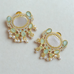 Load image into Gallery viewer, party festive wear Pair of gold earrings with green gemstones and pearls gold-plated in brass lightweight jewelry earrings
