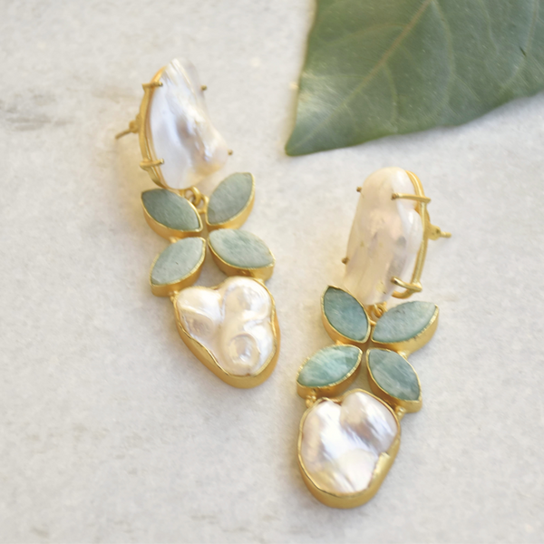 Handmade brass classic pearl long earrings with amazonite 