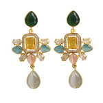 Load image into Gallery viewer, Multicolored crystal long lightweight earrings with gold accents perfect for wedding bride bridesmaid cocktail earring 
