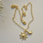 Load image into Gallery viewer, Celestial inspired sun moon minimal brass vacation stackable easy to adjust charm necklace chain
