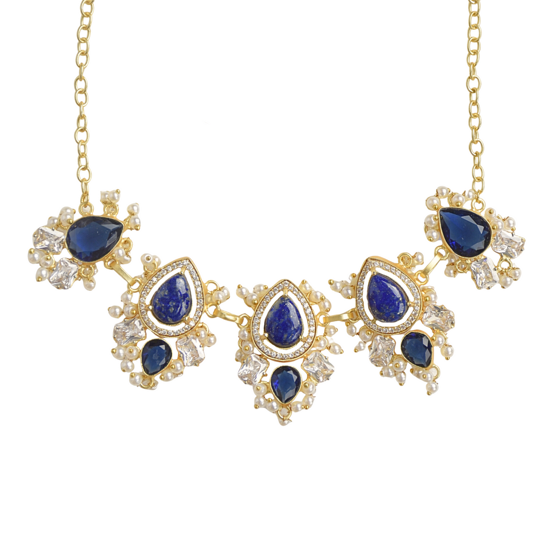 Elegant designer vibrant blue gemstone with adjustable chain cocktail partywear gift for her brass necklace