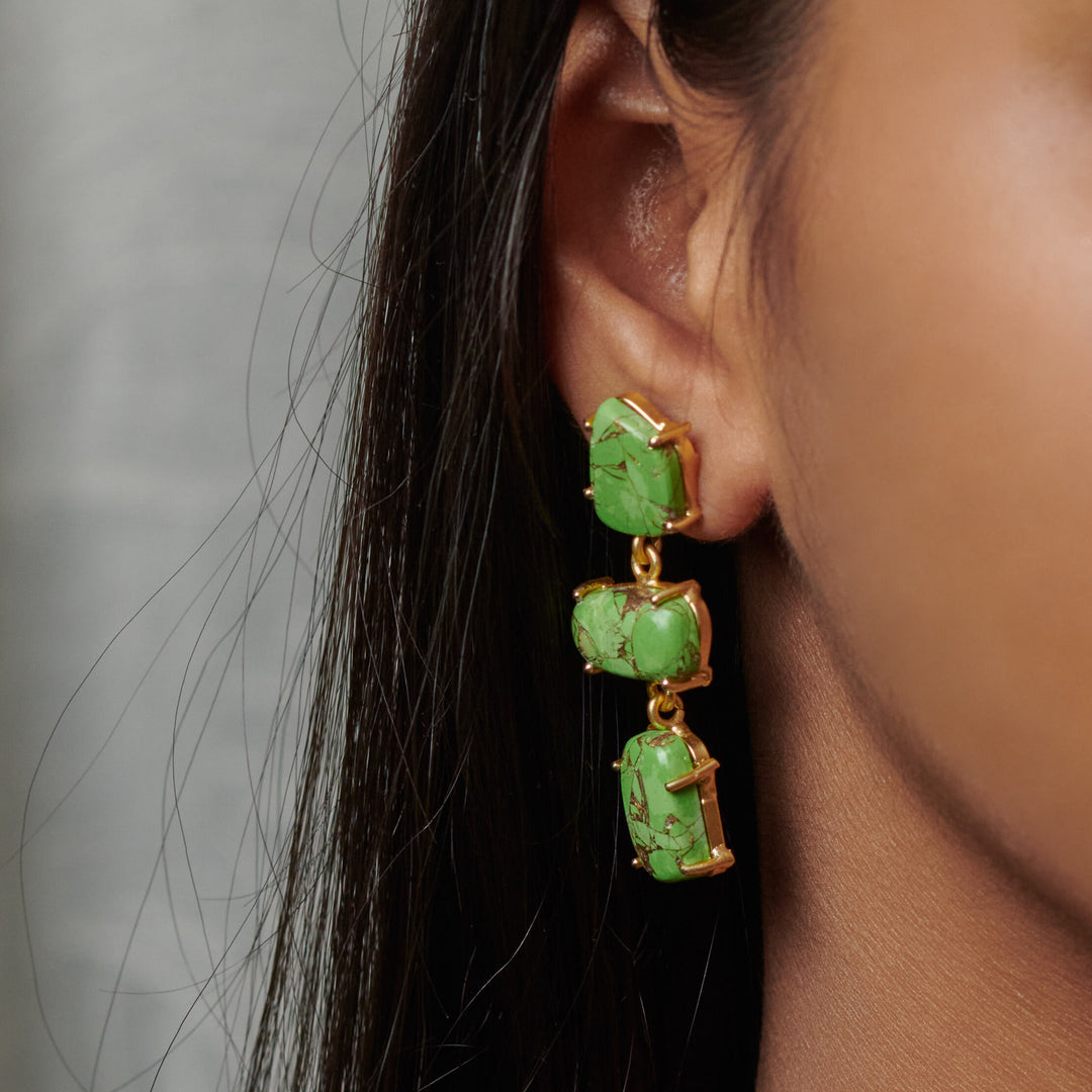 Long natural semi precious turquoise brass handmade goldplated lightweight hypoallergenic earrings