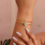 Load image into Gallery viewer, Gold bracelet with a blue amazonite gemstone suitable for all wrist size adjustable sleek elegant daily wear bangle
