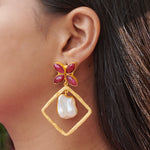 Load image into Gallery viewer, Abstract design natural gemstone and pearl lightweight fancy gift for her wedding brass earrings

