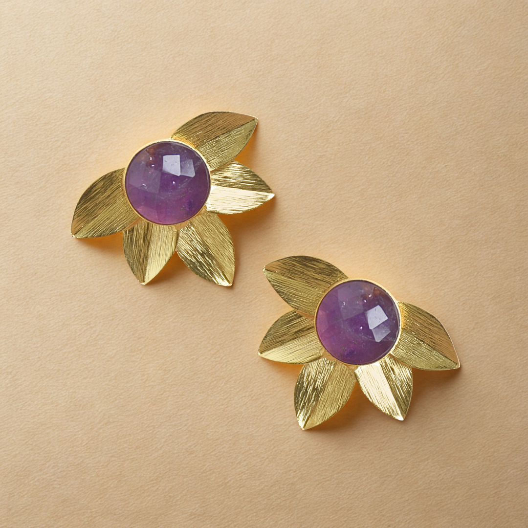 Gold plated lightweight studded with amethyst antitarnish hypoallergenic must have earrings gift for her stud earrings