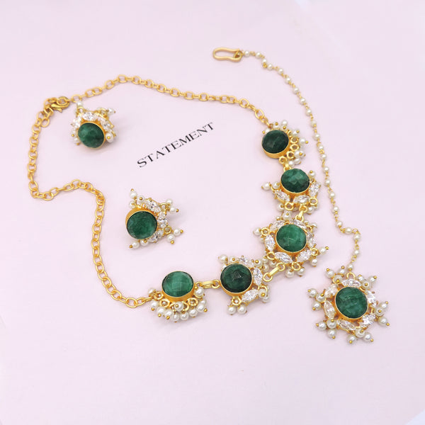 Luxurious gold plated semi-precious  and zircon embellished adjustable necklace set