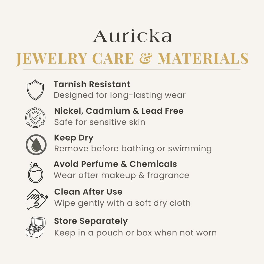 Auricka jewelry care and materials information on a white background