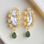 Load image into Gallery viewer, Luxurious statement lemon quartz with baroque pearl dangle drop earrings perfect for festive wear and bridesmaid
