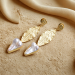 Load image into Gallery viewer, Goldplated nature inspired leaf with natural pearl handmade gift for her antitarnish anniversary birthday festive wear earrings
