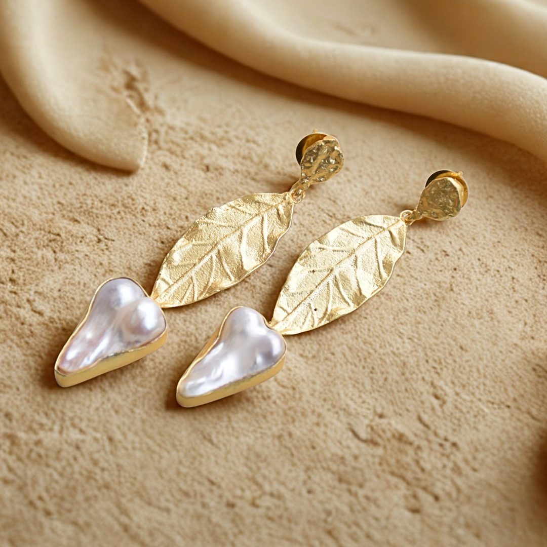 Goldplated nature inspired leaf with natural pearl handmade gift for her antitarnish anniversary birthday festive wear earrings