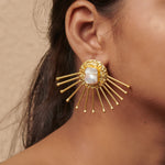 Load image into Gallery viewer, Boho Inspired Natural pearl handmade hammer detailing cocktail must have accessory brass earrings
