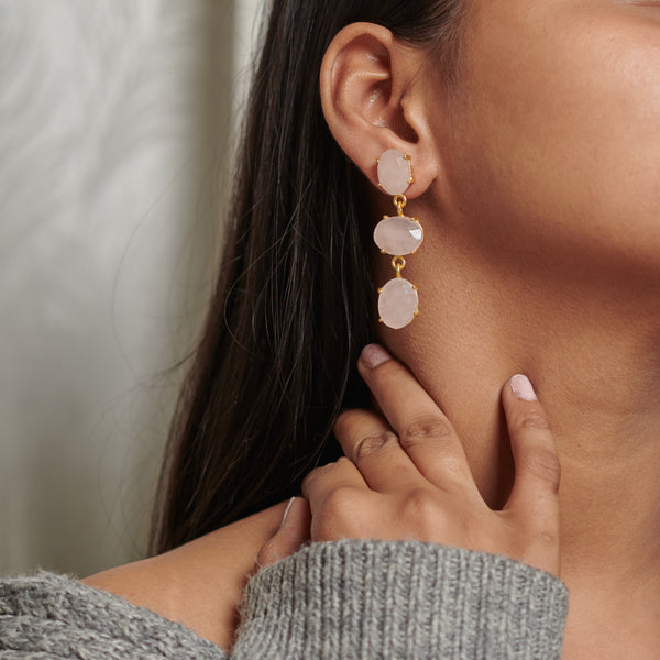 Dangle earrings for women natural gemstone rose quartz long daily office wear y2k brass gold plated earrings