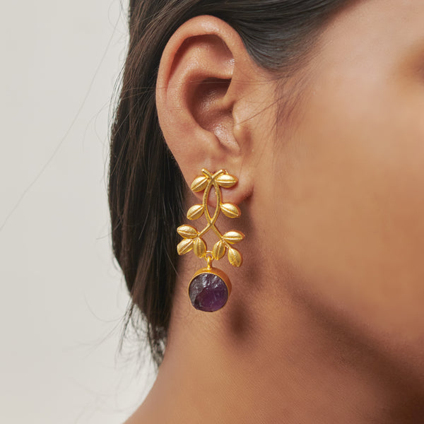 Nature inspired leaf subtle natural gemstone amethyst everyday wear birthday anniversary gift for her handmade earring