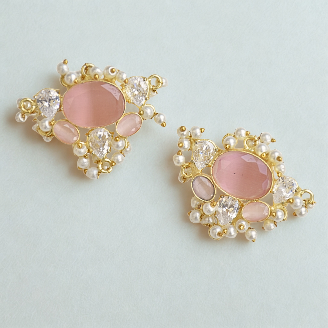 Natural pink with crystal and zirconia and dangling pearls gift for her wedding bridesmaid bridal studs