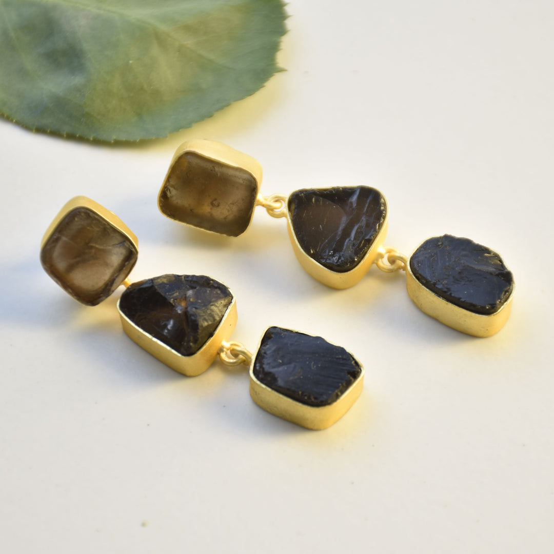 Bold abstract design layer long cocktail gemstone earring