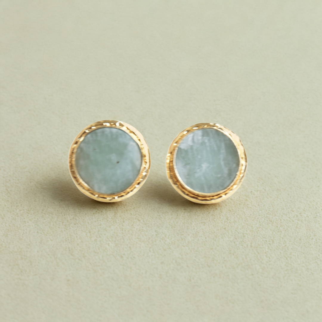 Pair of round earrings with gold rims and Amazonite gemstone handcrafted lightweight everyday vacation office wear stud earrings