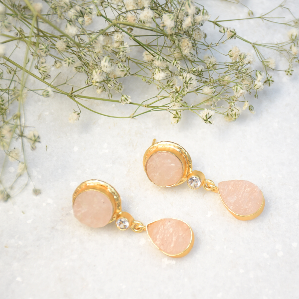 Dainty gold plated rose quartz earrings