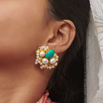 Load image into Gallery viewer, Modern statement pearl studs with semi precious turquoise gemstone easy to style brass stud earrings
