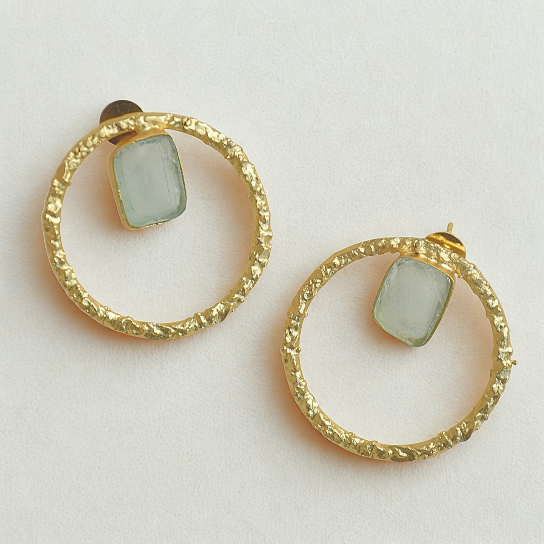 Stylish dripp semi precious stone aqua versatile statement lightweight brass stud earrings