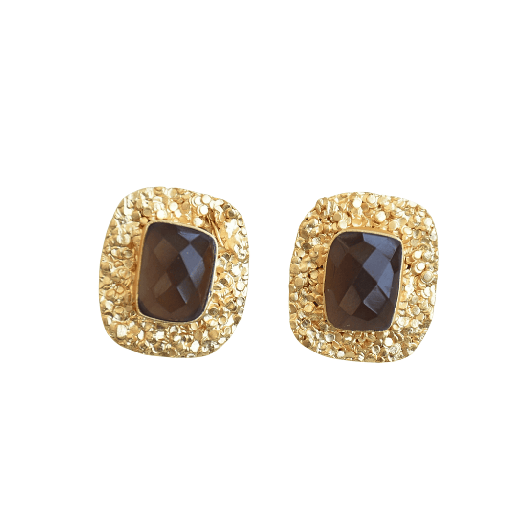 Hammered vintage style art deco minimal smoky gemstone office vacation comfortable stud earrings