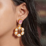 Load image into Gallery viewer, everyday classy lightweight circular natural pearl with gemstone gift for friend brass earrings
