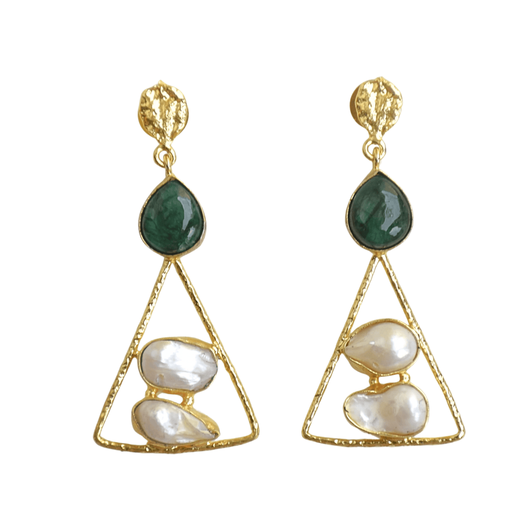 Geometric boho victorian design versatile easy to style handcrafted office vacation party must have natural stone and pearl earrings