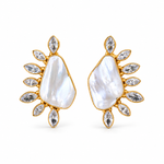 Load image into Gallery viewer, Pair of baroque pearl and cubic zirconia leaf-frame stud earrings in gold-tone settings on a white background