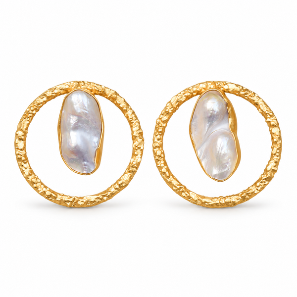 Baroque pearl open circle stud earrings on a white background
