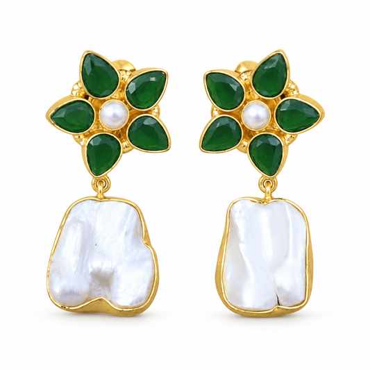 Green Floral Crystal & Baroque Pearl Drop Earrings on a white background