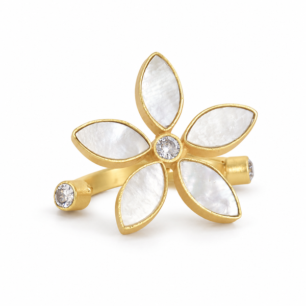 Mother of pearl five-petal flower ring with clear crystal accents on white