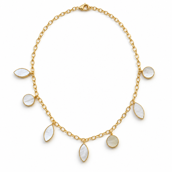 Mother of pearl necklace with round and marquise-shaped charms on white