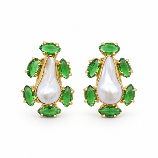 Pearl & Green Crystal Teardrop Stud Earrings on a white background