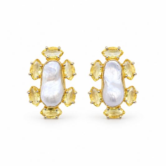 Pearl & Yellow Crystal Stud Earrings on a white background