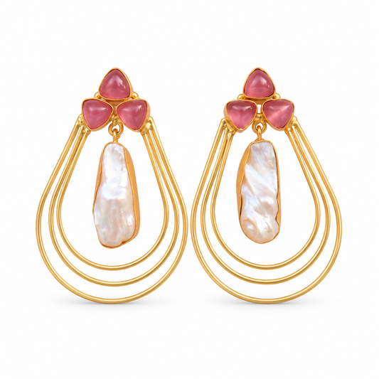 Pink Crystal & Pearl Layered Teardrop Earrings on a white background
