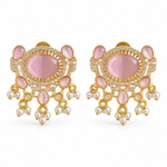 Load image into Gallery viewer, Pink crystal statement stud earrings with zirconia and white bead fringe on a white background
