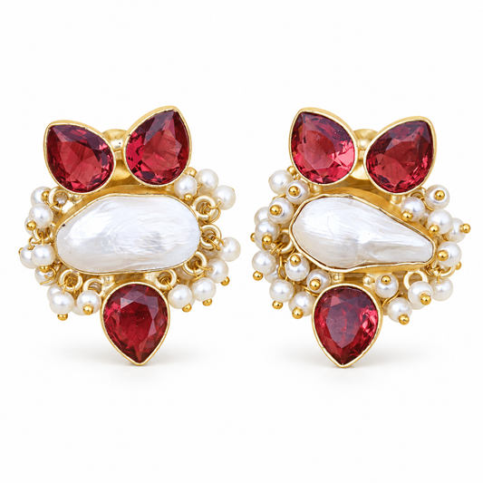 Red Crystal & Baroque Pearl Cluster Stud Earrings on a white background