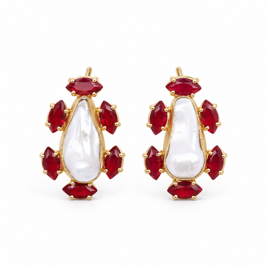 Red Crystal & Baroque Pearl Stud Earrings on a white background