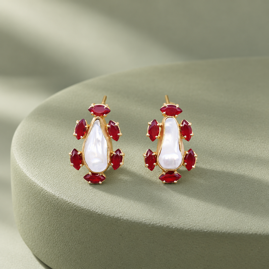 Red Crystal & Baroque Pearl Stud Earrings on sage sculpture
