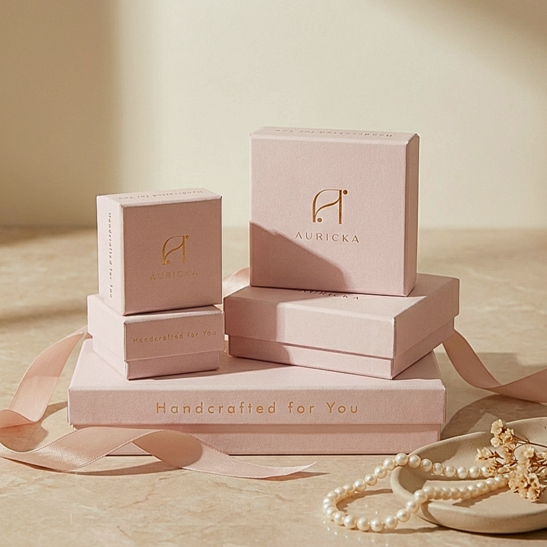 Stack of pink jewelry boxes with 'Auricka' branding on a wooden surface.