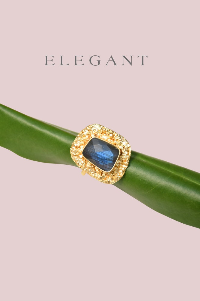 A gold ring with a textured band and a large blue gemstone is displayed on a green leaf, with the word ELEGANT above, set against a pale pink background.